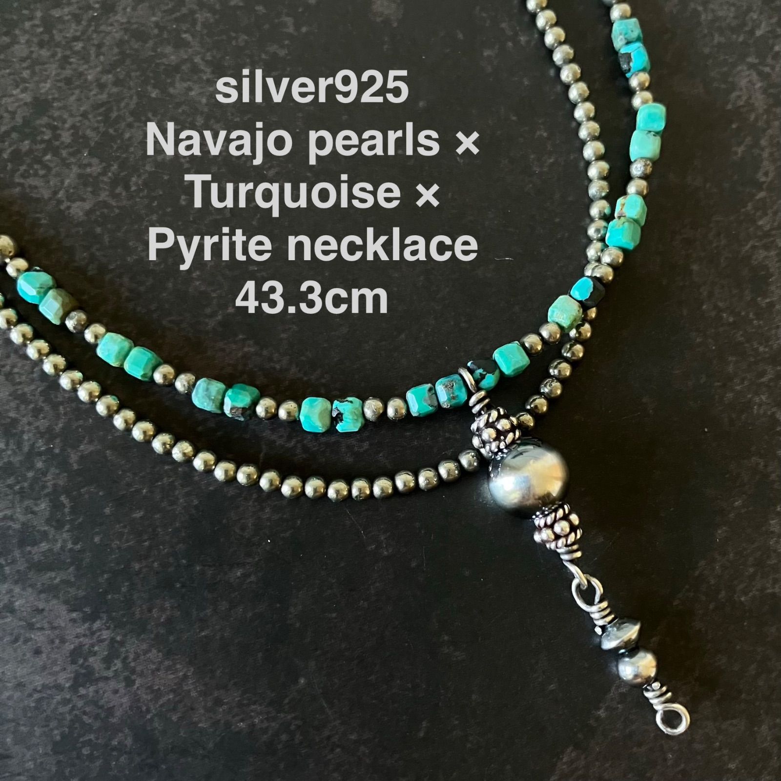 silver925 パイライト × ナバホパール×2mm天然ターコイズのネックレス