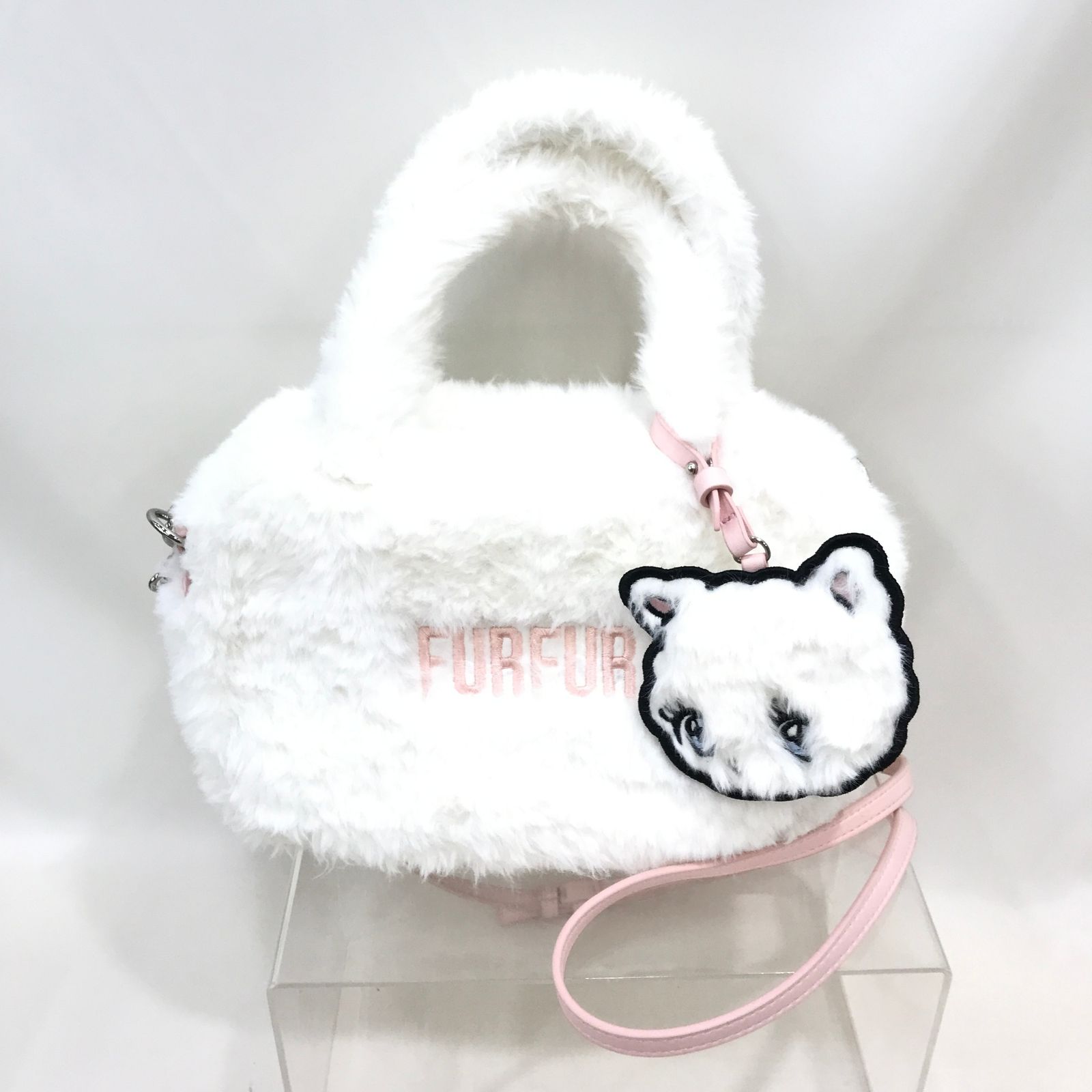 FURFUR×foxy ミラー付きエコファースクエアボストンバッグ ホワイト 