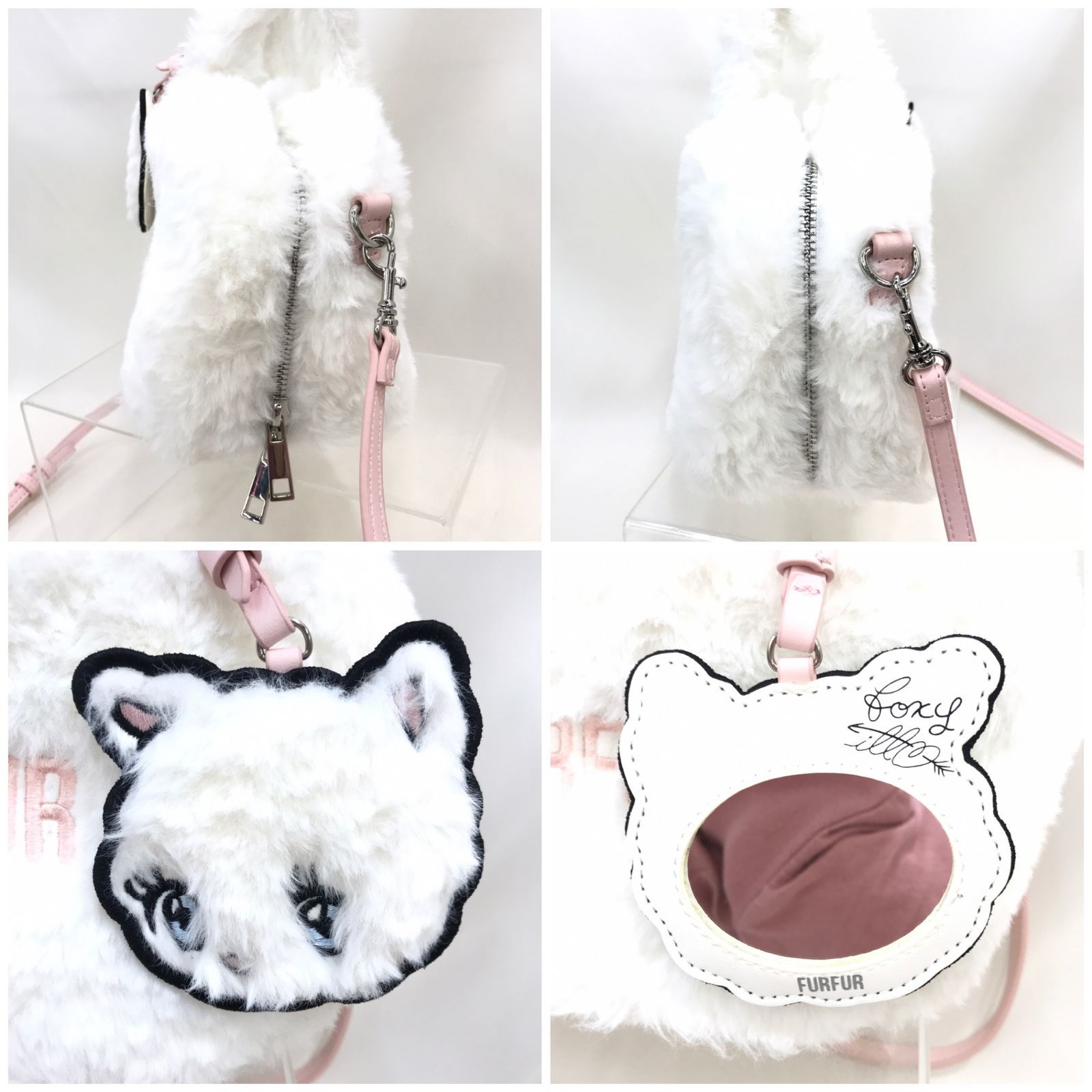 FURFUR×foxy ミラー付きエコファースクエアボストンバッグ ホワイト 
