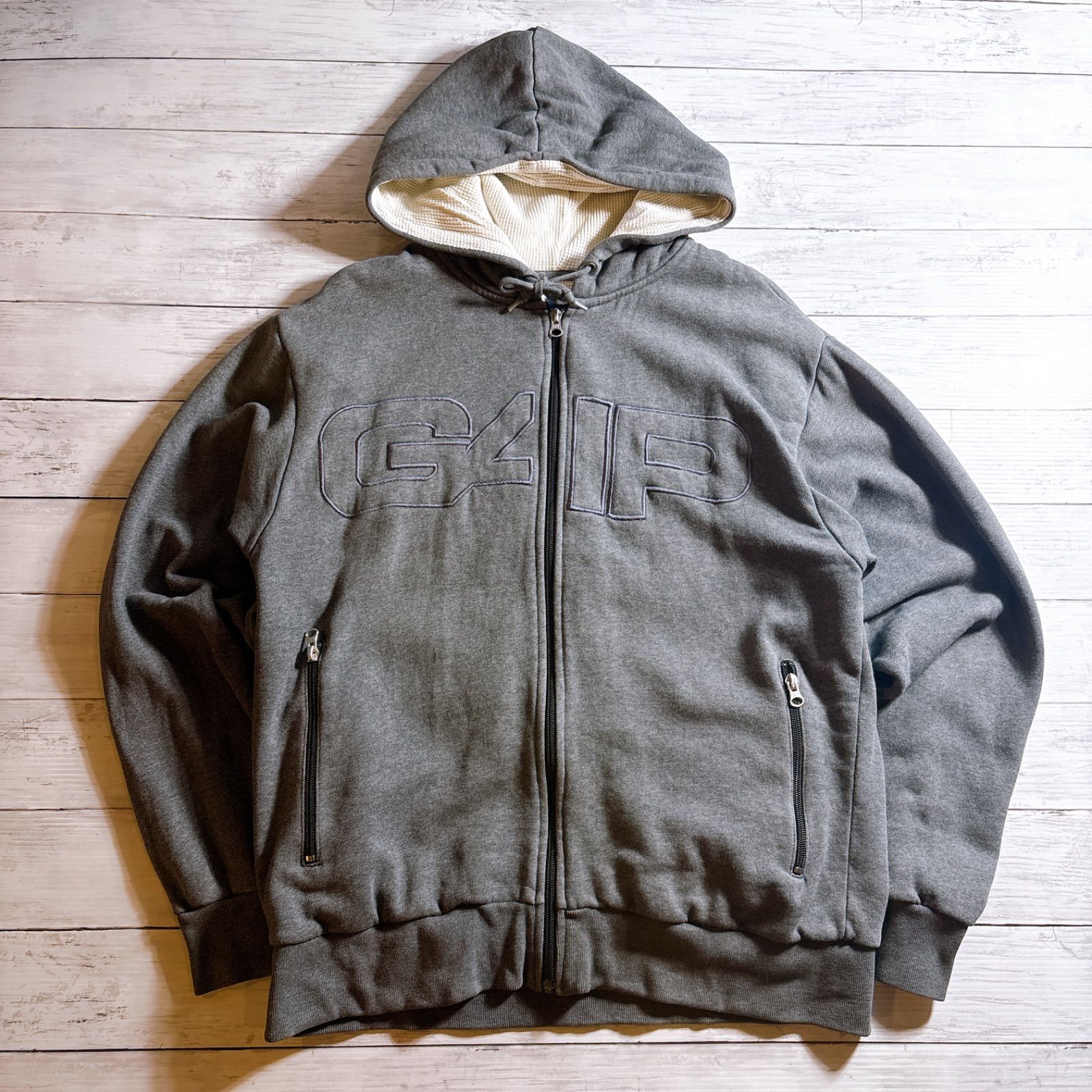 希少デザイン】y2k GAP ZIP HOODIE ギャップ グレー 裏ボア ライニング 