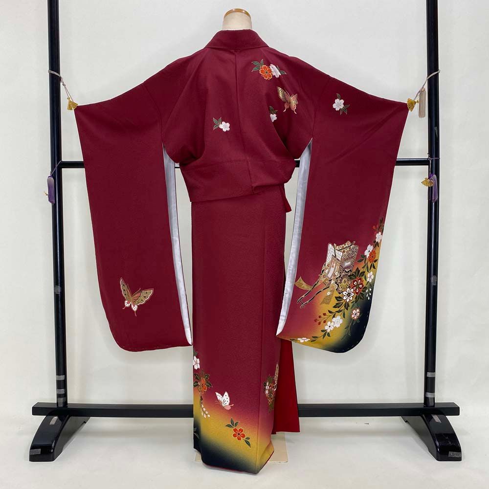 振袖 中古 エンジ 正絹 古典 裄64.5cm 身丈158cm 袖丈86cm 美品 M