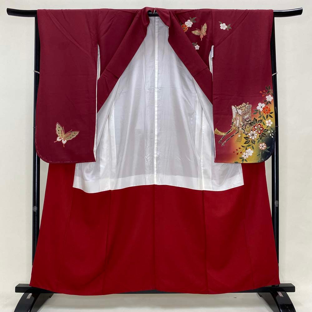 振袖 中古 エンジ 正絹 古典 裄64.5cm 身丈158cm 袖丈86cm 美品 M