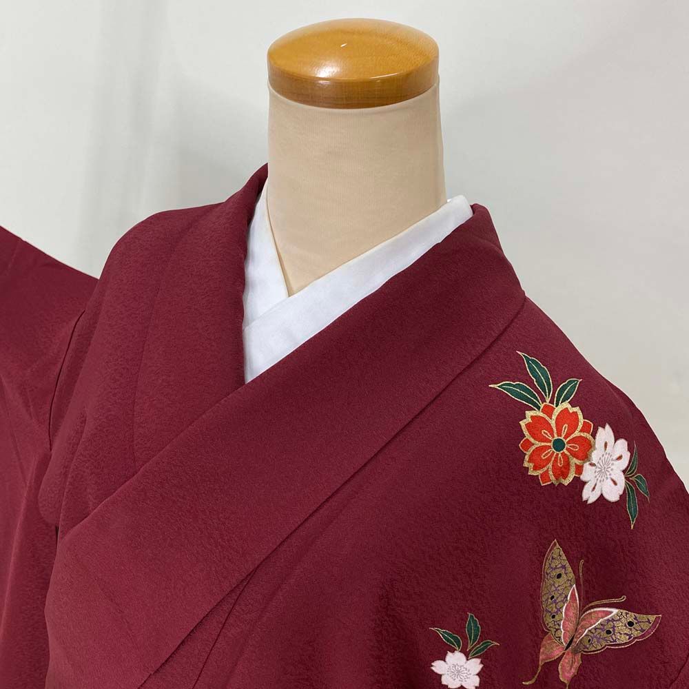 振袖 中古 エンジ 正絹 古典 裄64.5cm 身丈158cm 袖丈86cm 美品 M