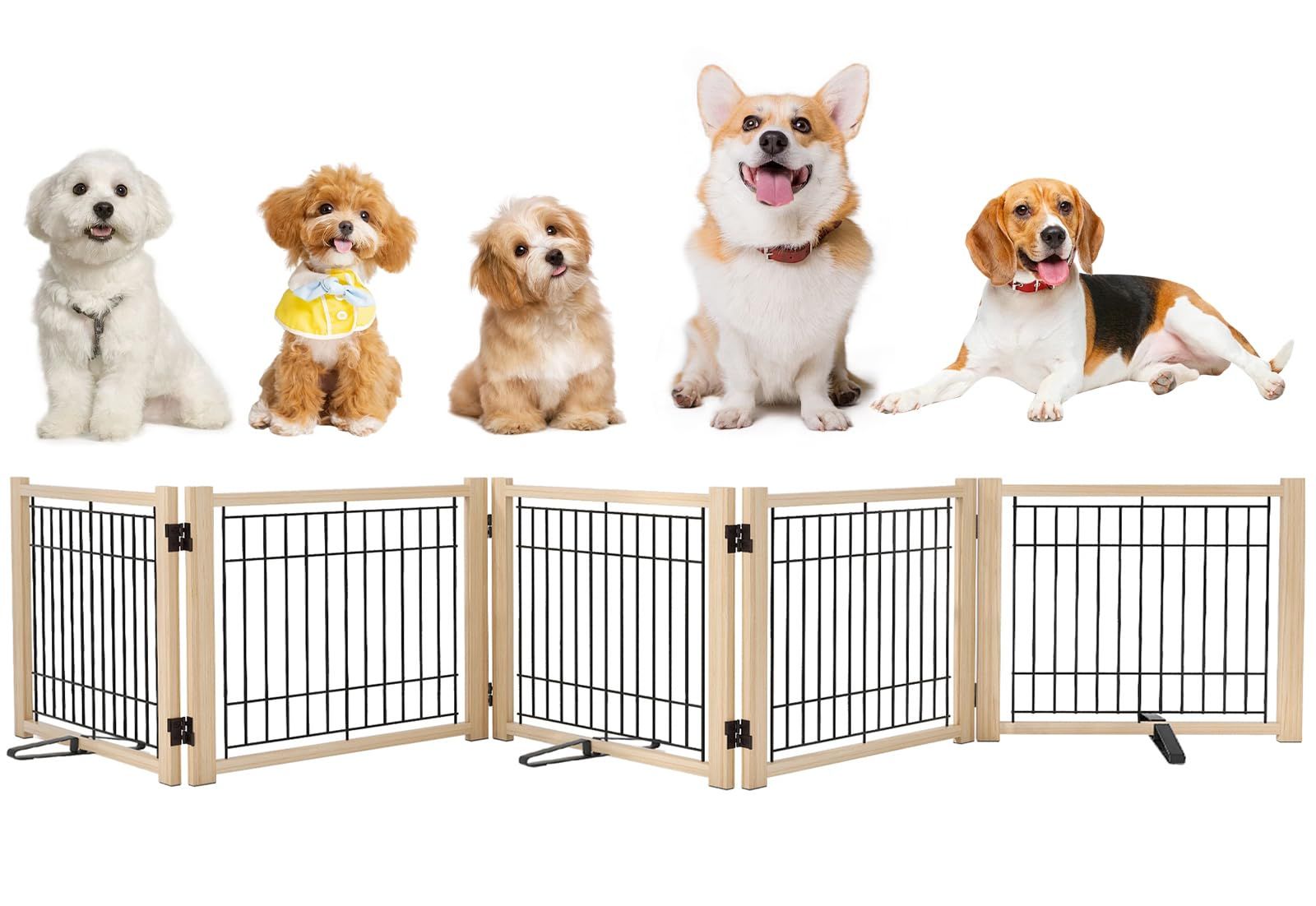 ★新品★ペットゲート ペットフェンス 室内 折りたたみ式 木製 室内犬用柵 脱走防止 高さ43cm 幅292cm 小型犬用 倒れない設計 簡単設置 飛び出し防止 a3b805bf
