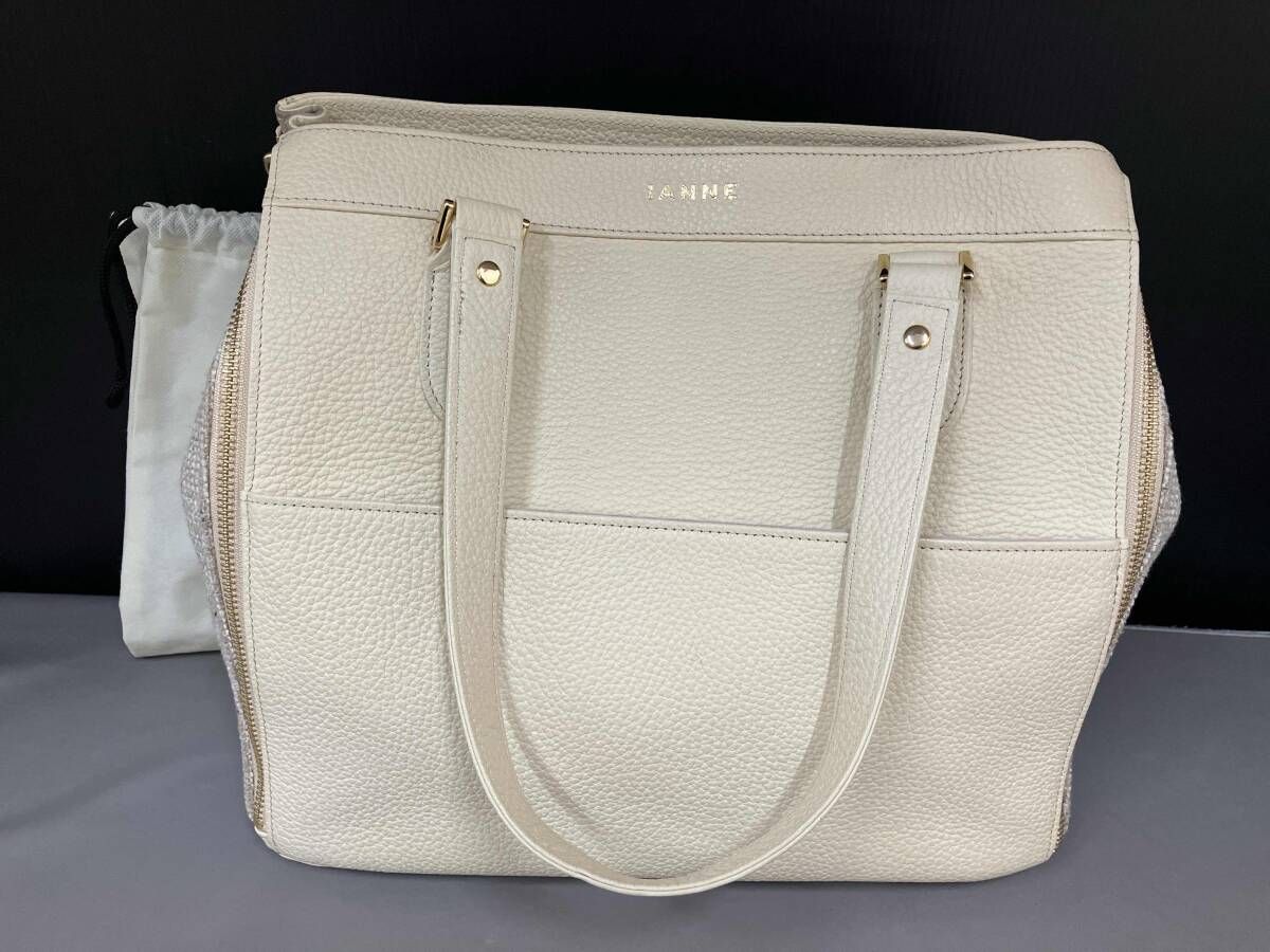 汚れ有り（画像参照）/ IANNE イアンヌ トートバッグ 革×ツイード アイボリー系 15,700円
