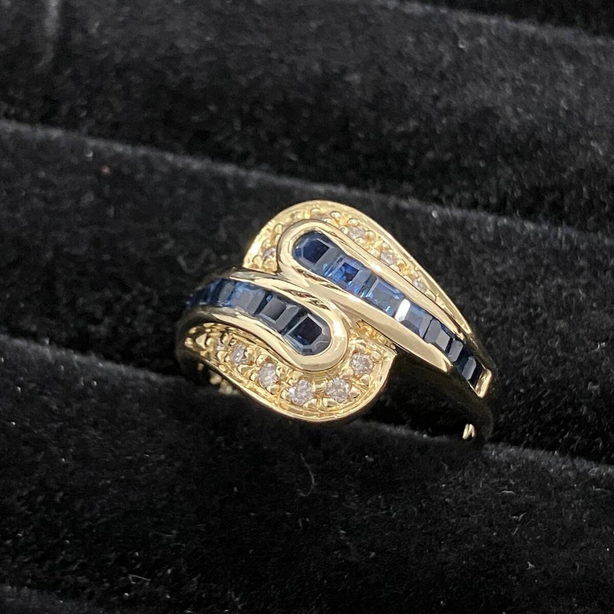 鑑別カード付 新品仕上済み 天然ブルーサファイア 天然ダイヤモンド0.11ct デザイン リング K18 13.5号 5.1g 金 イエロー ゴールド 指輪 115,971円
