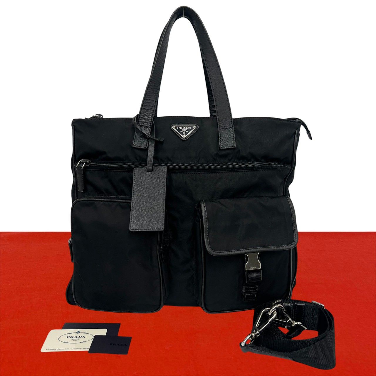 極 美品 PRADA プラダ 三角 ロゴ 金具 ナイロン レザー 本革 2way