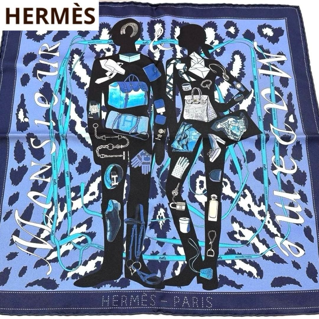 エルメス HERMES カレ45 ムッシュー＆マダム シルク スカーフ ネイビー