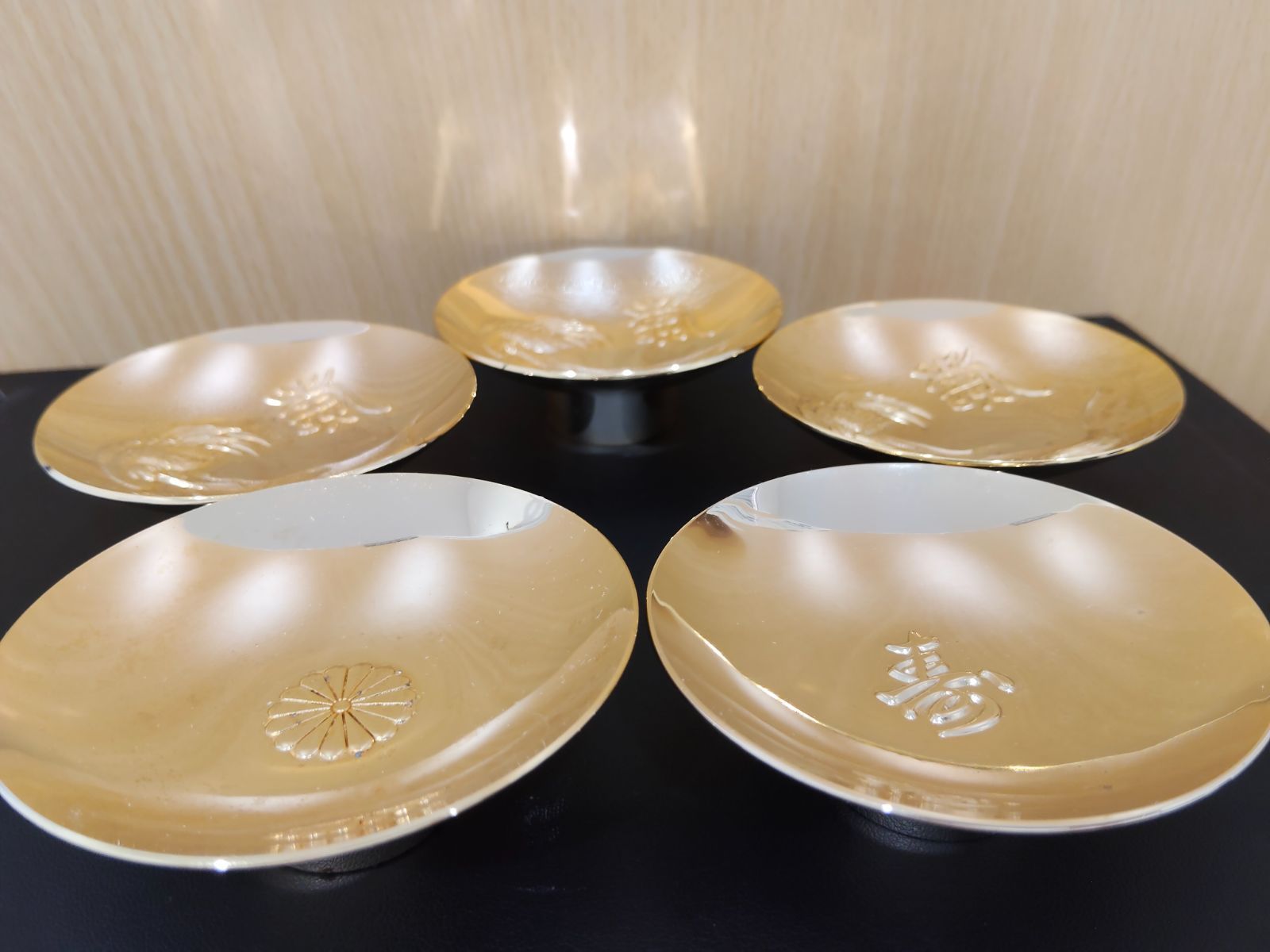 24KGP】金杯 5点セット 総重量約346g 盃 菊紋 鳳凰 寿 縁起物 飾り