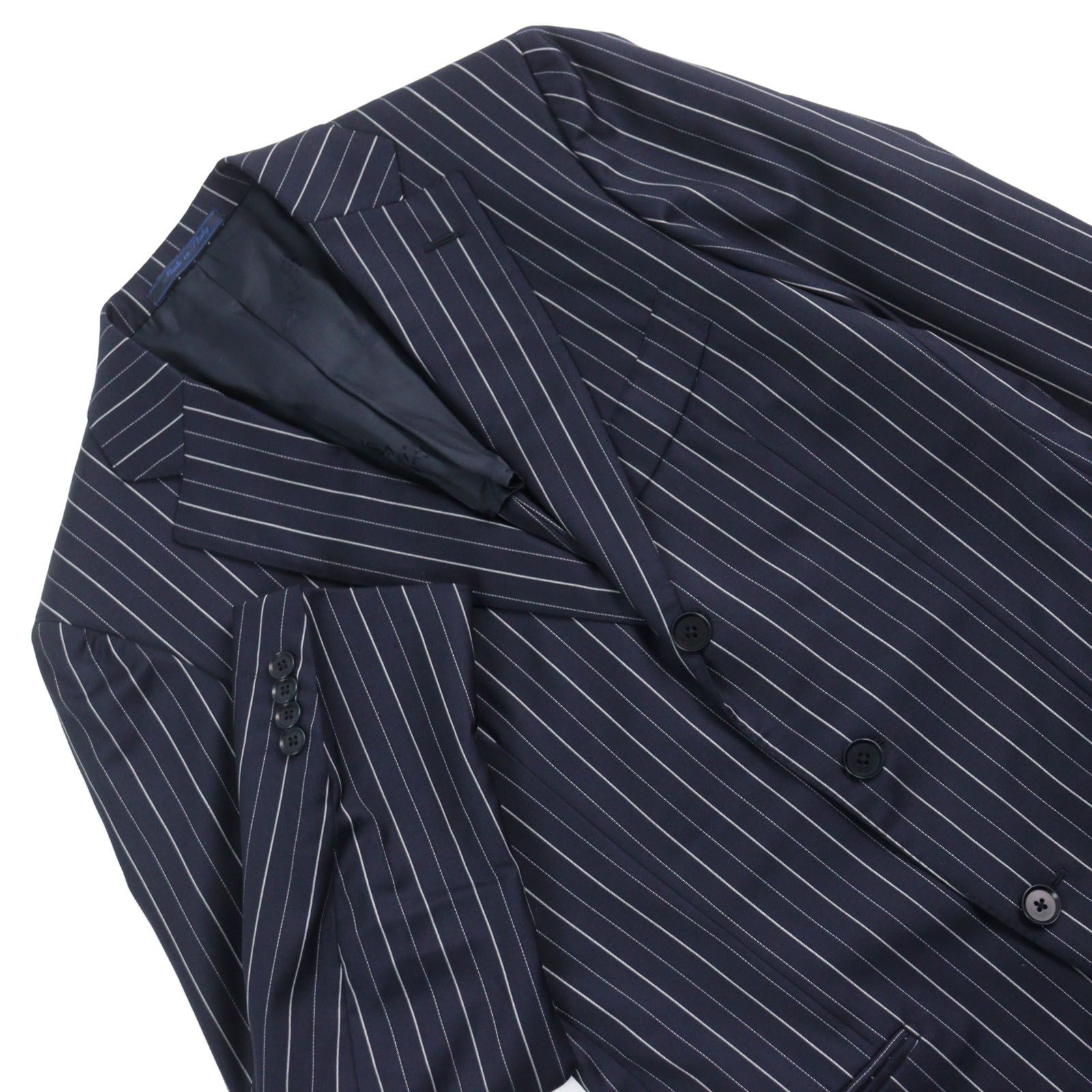 ISAIA SHIPS スーツ ストライプ柄 黒色 イタリア製 美品○ISAIA イザイア ウール100% Super 120s生地使用 ストライプ柄