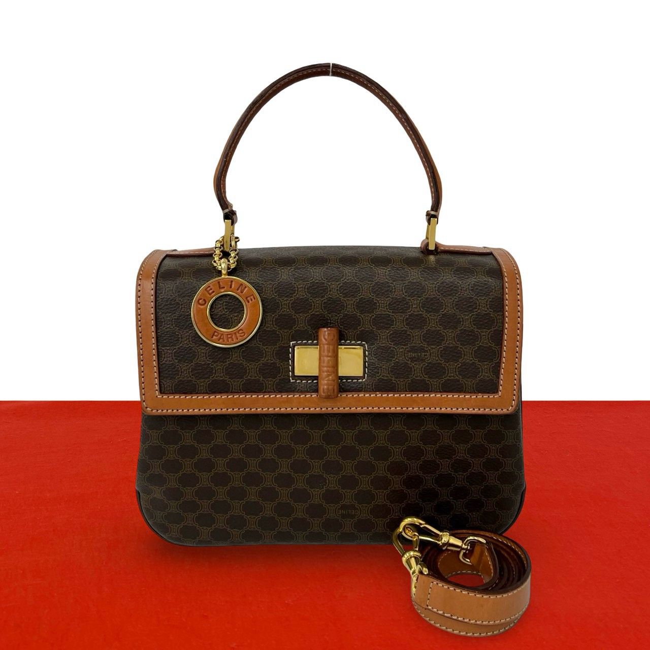 CELINE 2way ハンドバッグ サークル 型押しレザー スエード 極 美品 CELINE セリーヌ サークル ロゴ マカダム ブラゾン 柄 レザー