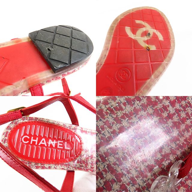 シャネル CHANEL トング サンダル レッド レザー ツイード プラ