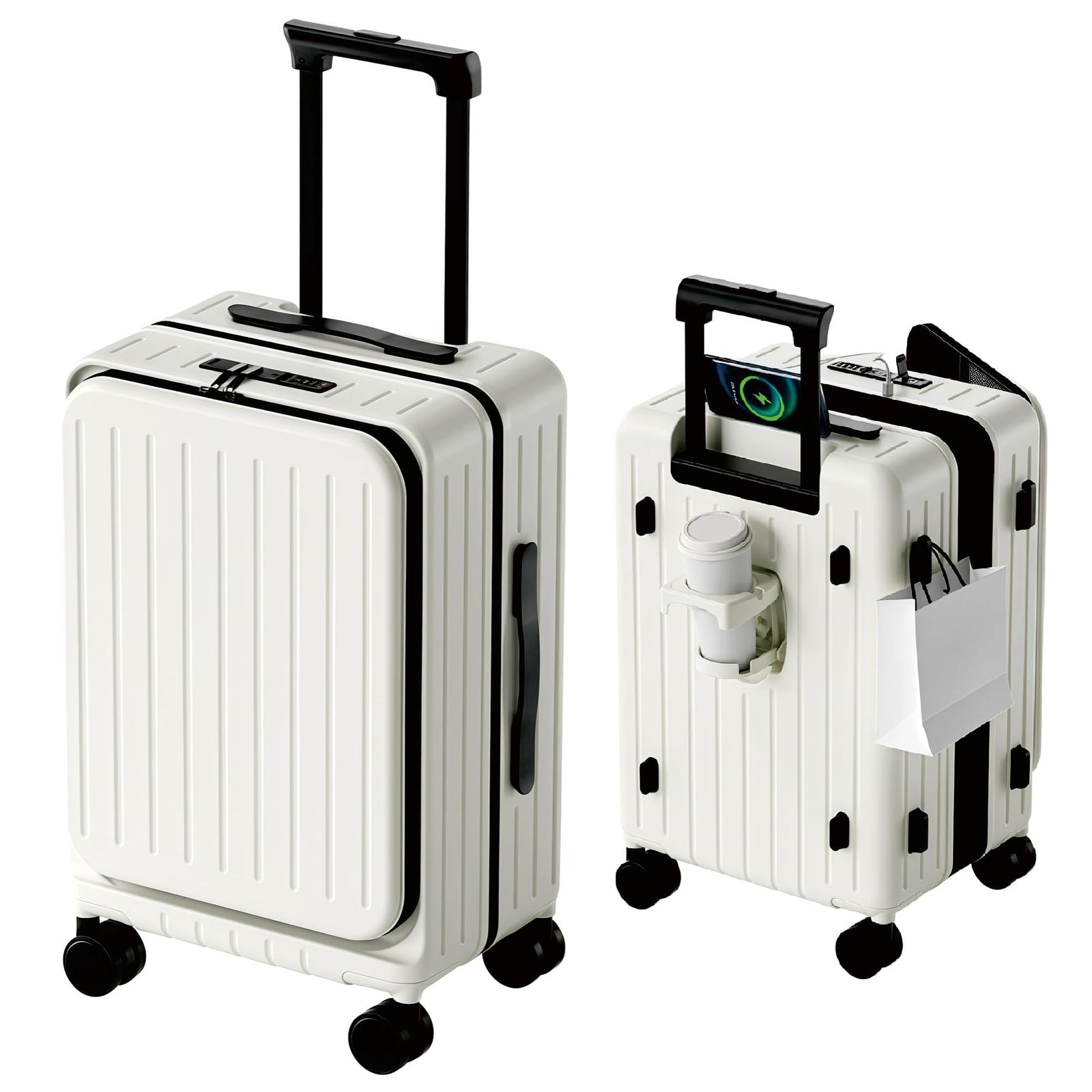 [RTmoni] フロントオープン スーツケース 機内持ち込み Sサイズ 40L 拡張機能 カップホルダー 軽量 キャリーケース ホワイト×ブラック