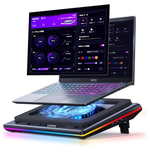 llano ノートパソコン 冷却ファン 冷却パッド 冷却台（15-19インチに対応/12種類RGBライトモード/3 in 1 USBハブ/LED ディスプレイ/極静音）【90秒急速冷却/14cm大口径遠心ファン/360°全方位送風/高さ調節可 50c1ac20