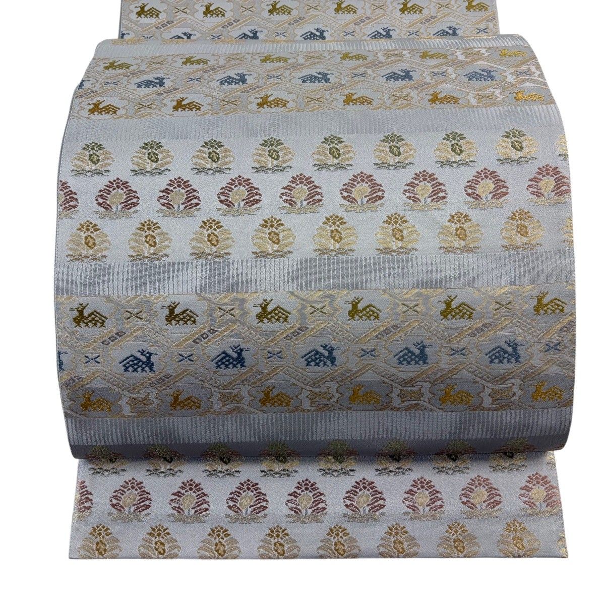 袋帯 名品 箔屋清兵衛 落款 西陣織 欧亜吉祥文 箔 灰色 六通 正絹 【中古】