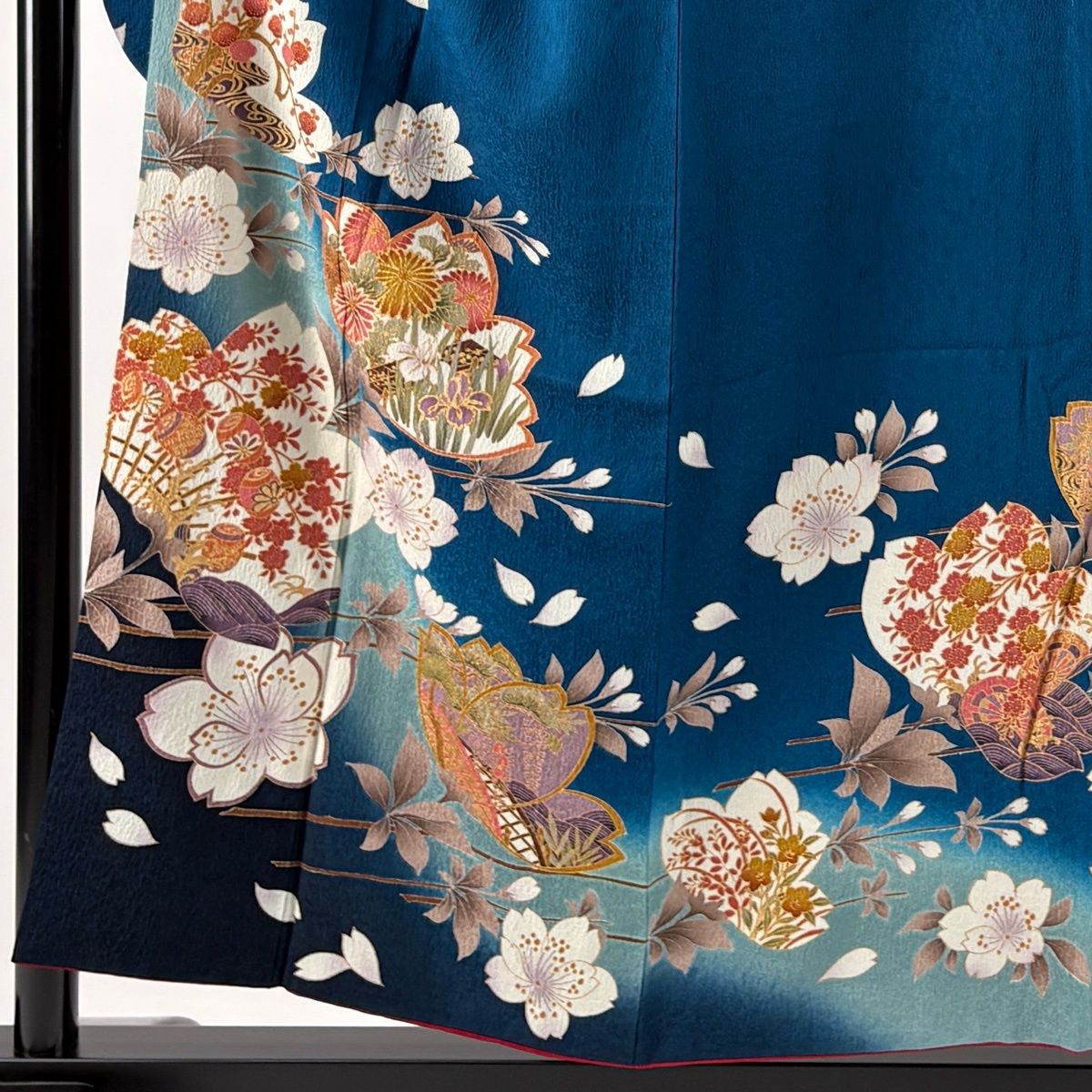 振袖 身丈153.5cm 裄丈61cm S 袷 草花 土車 金彩 ぼかし 藍色 正絹 秀