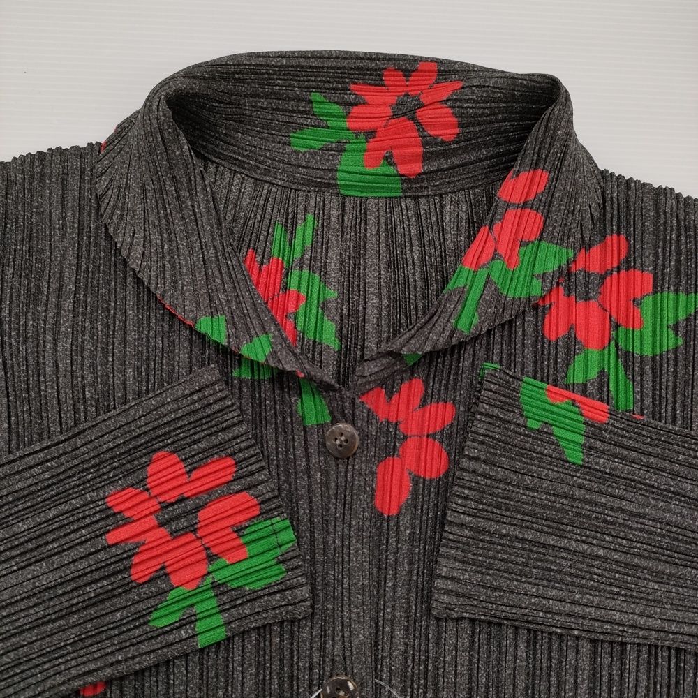 PLEATS PLEASE 長袖シャツ 花柄 グレー PLEATS PLEASE ISSEY MIYAKE 花柄 プリーツ サイズ3 日本製 ブラウス
