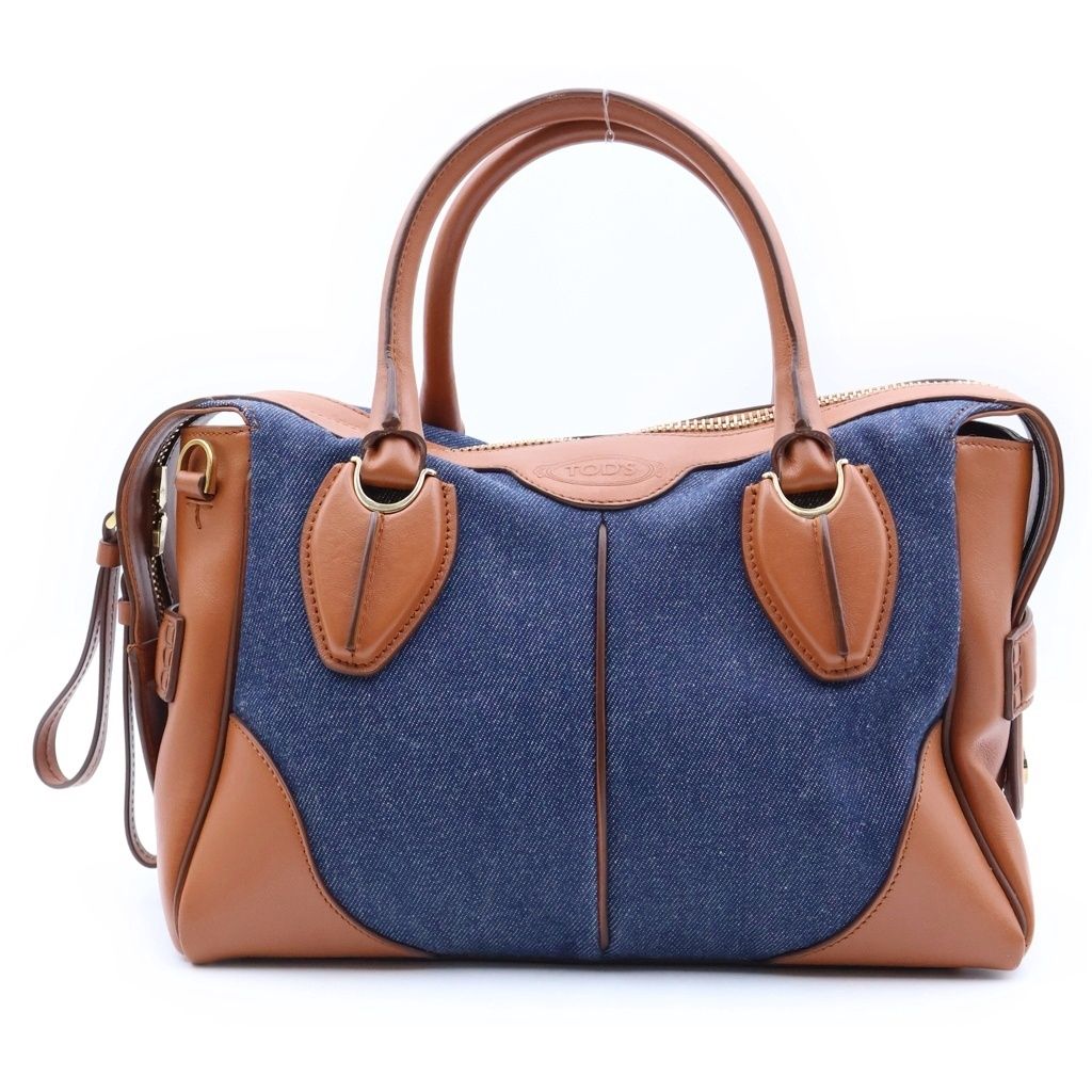 TOD'S (トッズ) 2WAY ハンドバッグ ショルダーバッグ インディゴブルー×ブラウン レザー×デニム ゴールド金具
