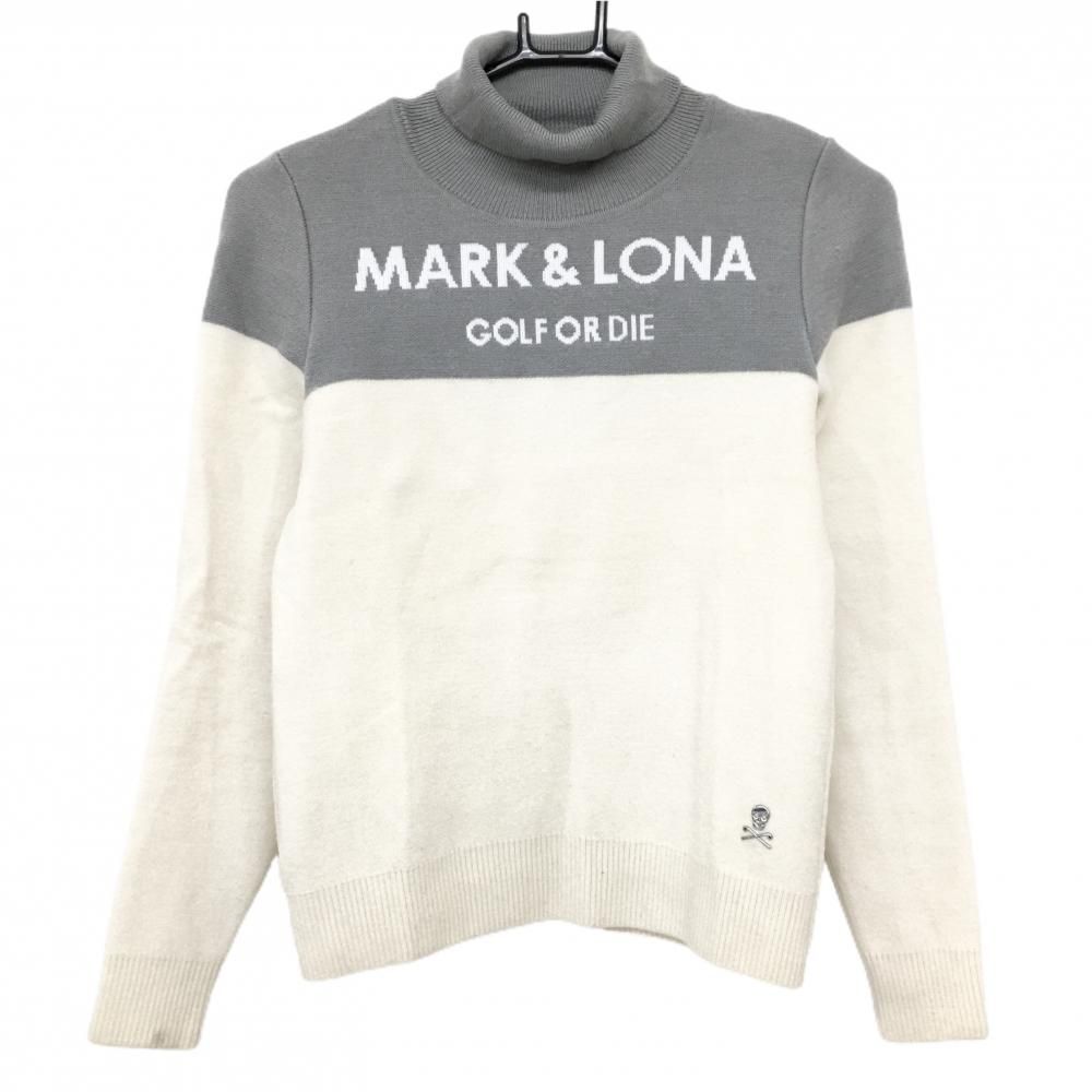 MARK&LONA レディース ゴルフセーター マークアンドロナ ハイネックセーター 白×グレー ロゴ ニット