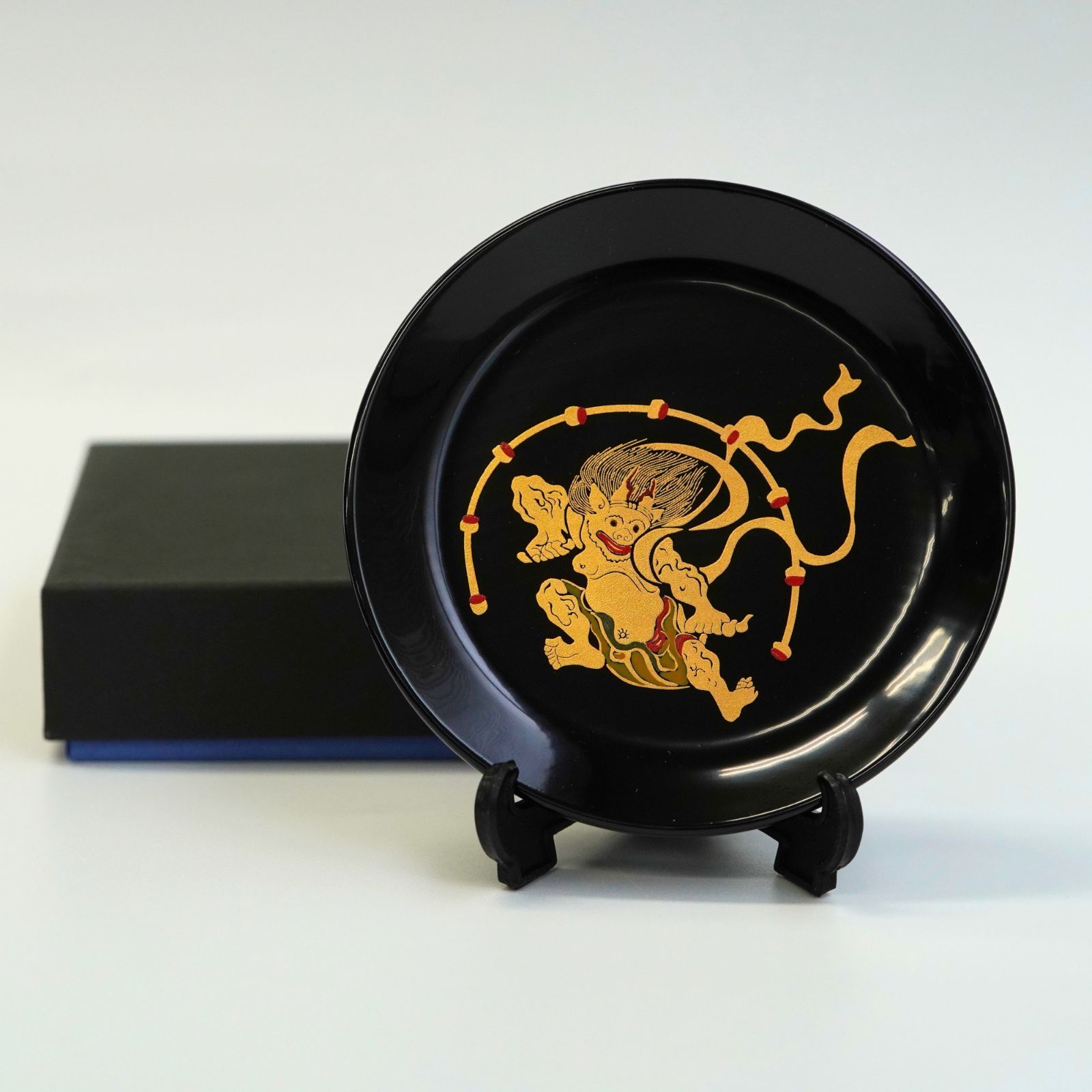 越前漆器 飾り皿 琳派 雷神 風神雷神 宗達 金 皿立て 箱付き φ9.5cm