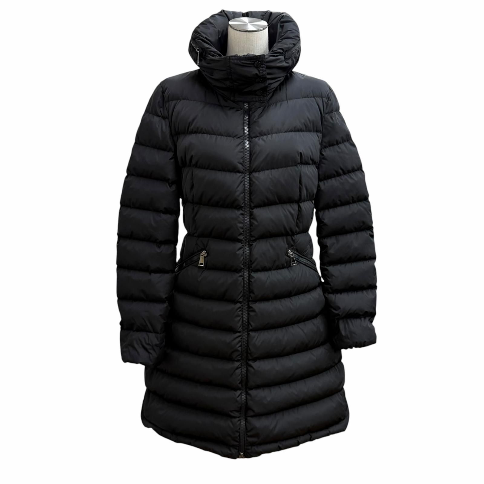 美品★MONCLER モンクレール FLAMMETTE ロゴワッペン・フード付 ZIP UP ダウンコート ダウンジャケット ブラック 2 正規品 レディース