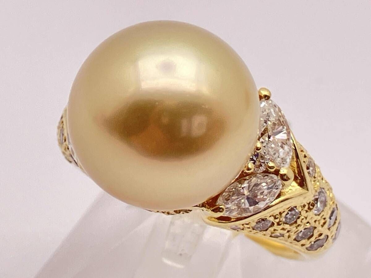 鑑別書付き☆K18／南洋真珠／ダイヤモンド1.12ct／約9.0g／12号リング