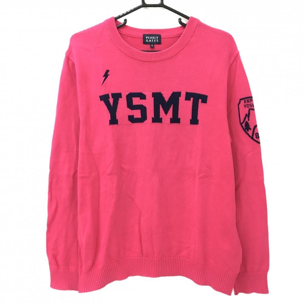 美品】パーリーゲイツ セーター ピンク×ネイビー フロント英字