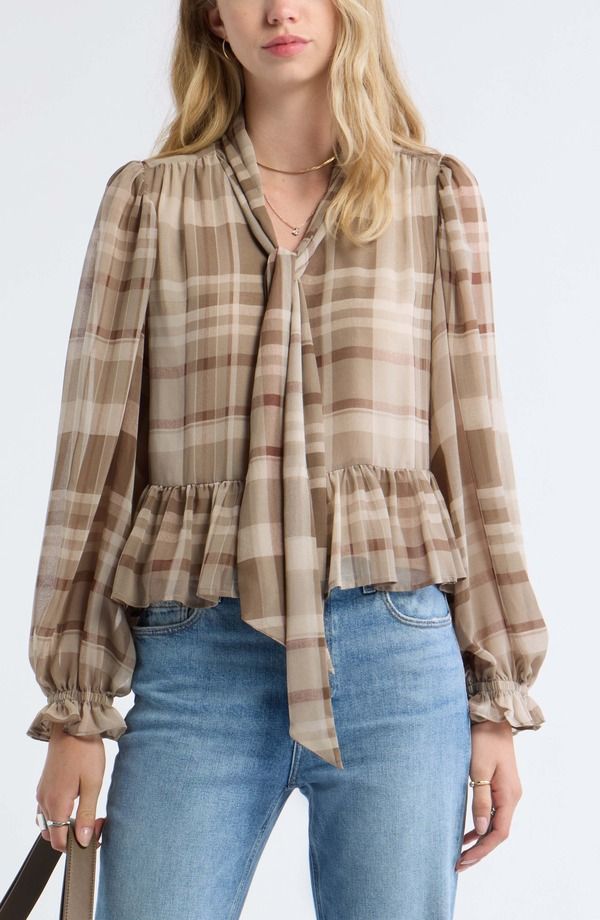 トレジャーアンドボンズ レディース トップス シャツ シフォン Treasure Bond Tie Neck Chiffon Top BEIGE BROWN DREAM PLAID ブラウン