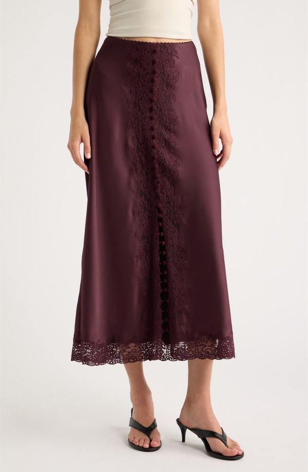 ラブスハックファンシー レディース ボトムスカート レーストリム ミディ サテン レース LoveShackFancy Tirelle Lace Trim Satin Midi Skirt FRESH