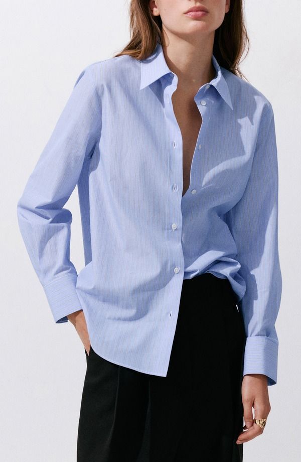 マンゴ レディース トップス シャツ プラスサイズ コットン MANGO Stripe Cotton Blend Poplin ButtonUp Shirt Plus Regular SKY BLUE