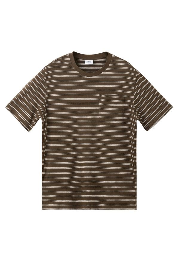 マンゴ メンズ トップス Tシャツ レギュラーフィット コットン リネン MANGO Regular Fit Stripe Cotton Linen TShirt CHOCOLATE チョコレート