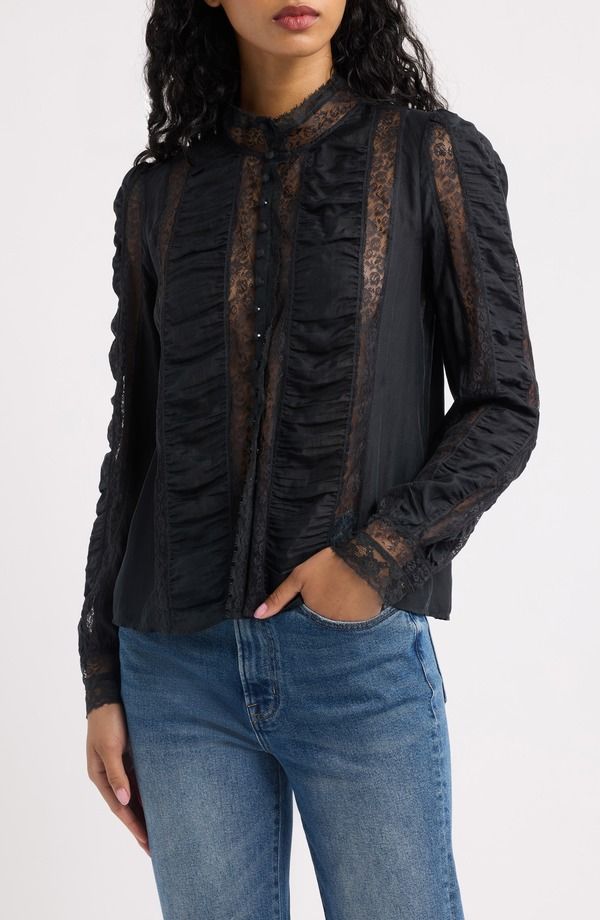 ラブスハックファンシー レディース トップス シャツ シルク レース LoveShackFancy Jacque Lace Silk Paneled ButtonUp Shirt BLACK ブラック 64,240円