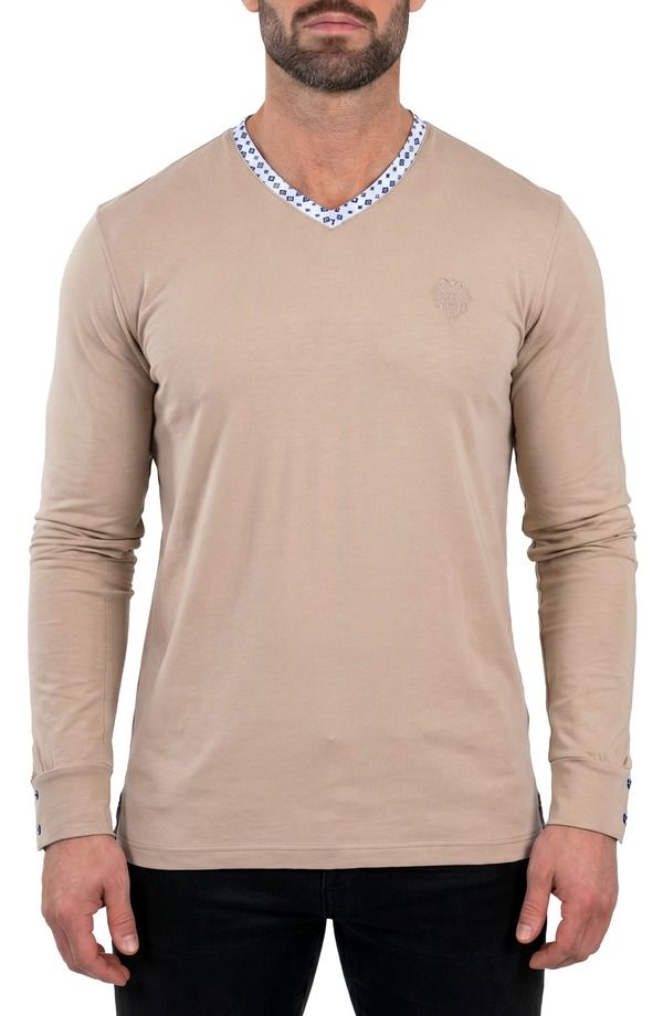 マセオ メンズ トップス Tシャツ Vネック コットン Maceoo Edison Stretch Cotton Long Sleeve VNeck TShirt BEIGE ベージュ