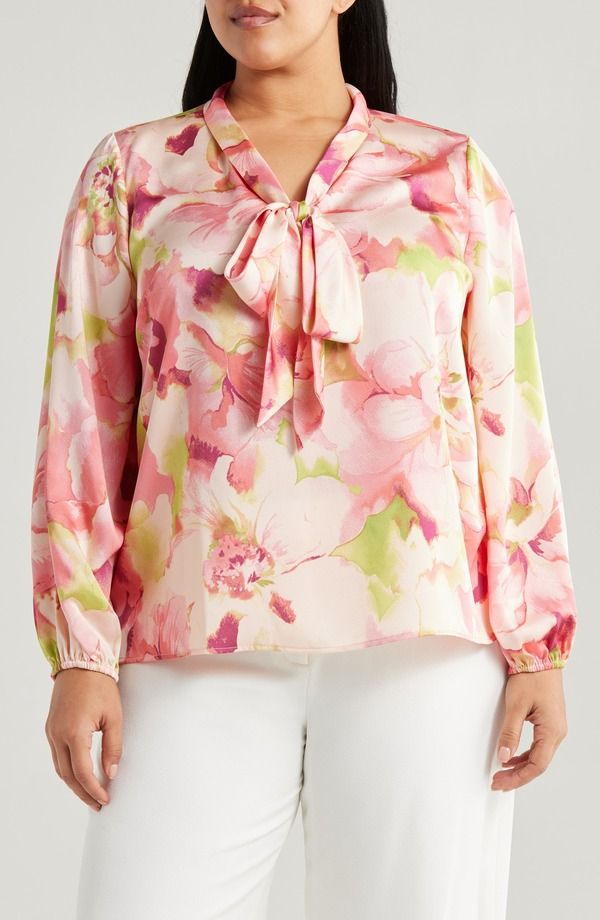タハリエーエスエル レディース トップス シャツ フラワー柄 プラスサイズ フラワー Tahari ASL Floral Bow Neck Charmeuse Top Plus PEACH WATER