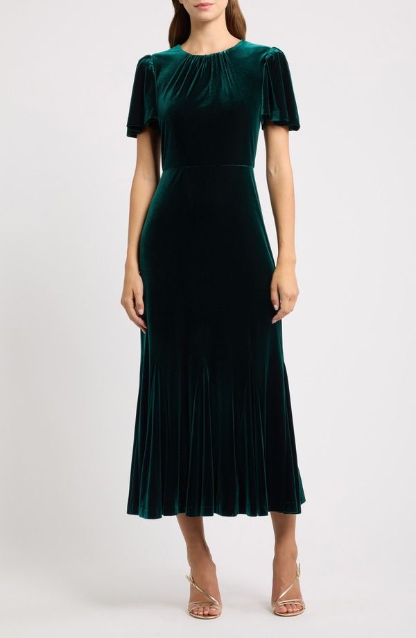 エリザジェイ レディース トップス ワンピース ミディ ベルベット Eliza J Flutter Sleevelvet Midi Dress HUNTER