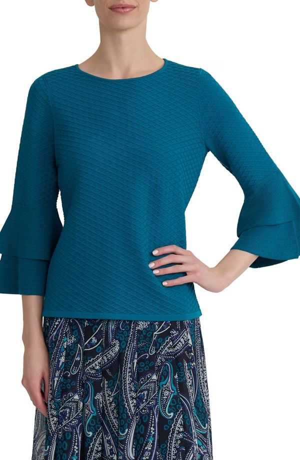 カスパール レディース トップス シャツ プチ フリル KASPER Texture Ruffle Sleeve Top Petite Regular BOTTLE TEAL ティール 22,110円