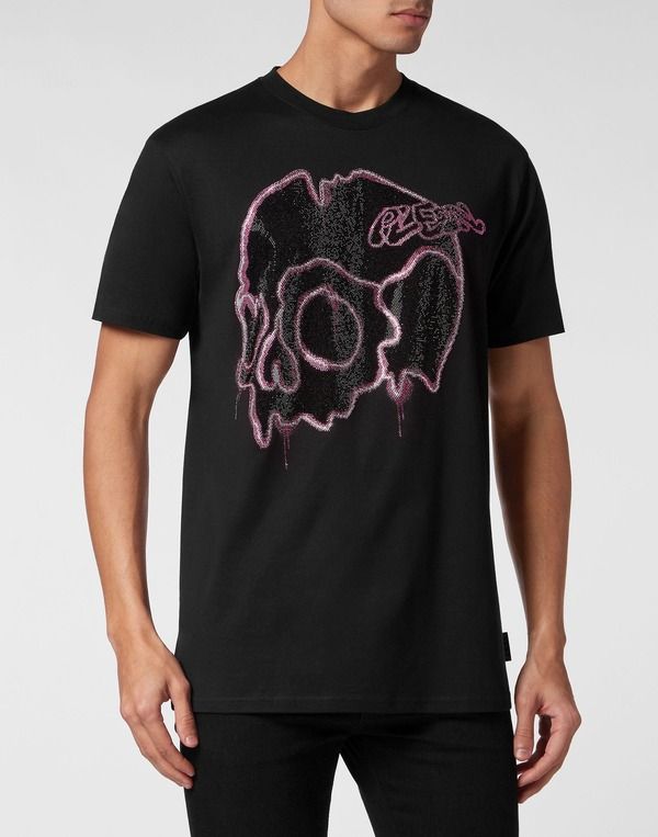 フィリッププレイン メンズ トップス Tシャツ PHILIPPLEIN TShirt Round Neck Ss With Crystals Dripping Skull Men black ブラック