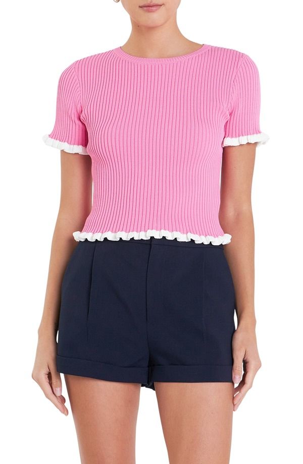 イングリッシュファクトリー レディース トップス シャツ フリル セーター English Factory Ruffle Trim Short Sleeve Rib Sweater PINK WHIT