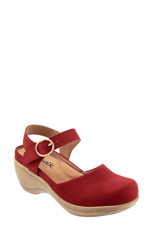 ソフトウォーク レディース シューズ サンダル アンクル SoftWalk Mabelle Ankle Strap Clog Women RED NUBUCK レッド