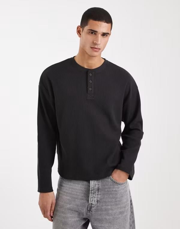 コットンオン メンズ トップス Tシャツ クロップド Cotton cropped fitextured long sleeve Tshirt Black ブラック