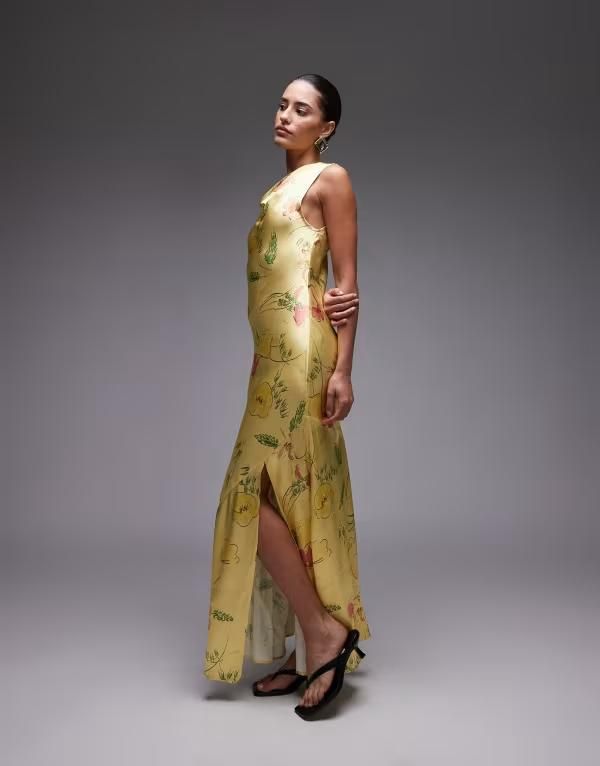 トップショップ レディース トップス ワンピース マキシワンピース フラワー柄 ドレープ マキシ フラワー Topshop drape neck maxi dress in lime based fl
