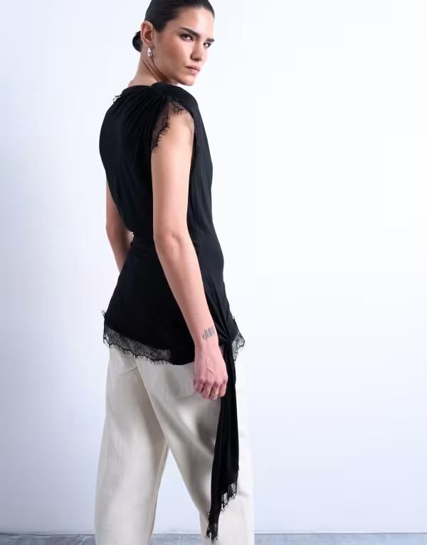 トップショップ レディース トップス Tシャツ レーストリム レース Topshop cowl neck lace trim top Black ブラック