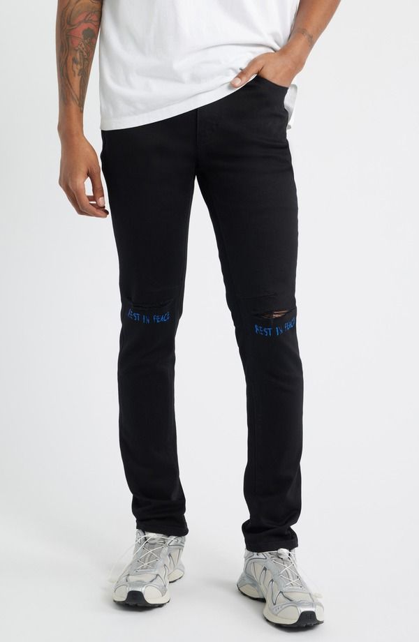 アールティーエー メンズ ボトムス デニムパンツ ジーンズ RtA Bryant Ripped Skinny Jeans Black Blue Rest In Peace ブラック 47,880円