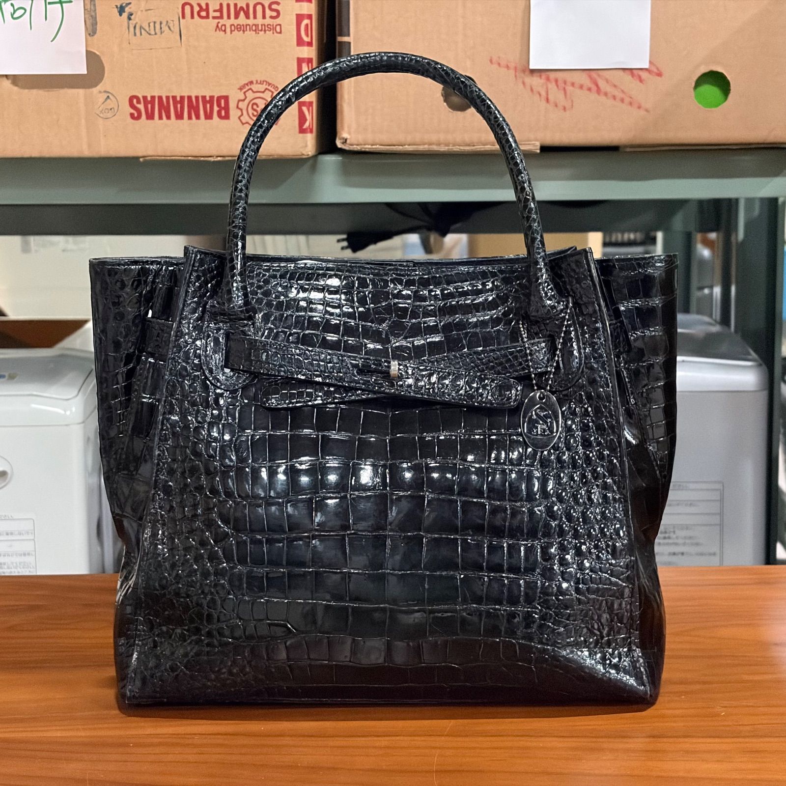 JRAクロコダイル ハンドバッグ ★JRAタグ付き.黒ブラック JRAタグ・日本製】クロコダイル ハンドバッグ ブラック シャイニング