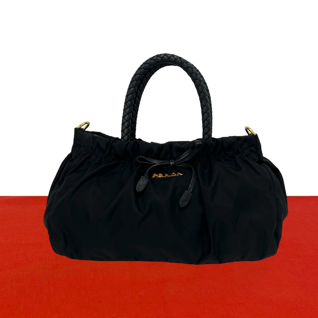極 美品 PRADA プラダ ロゴ 金具 ギャザー テスート ポコノ ナイロン