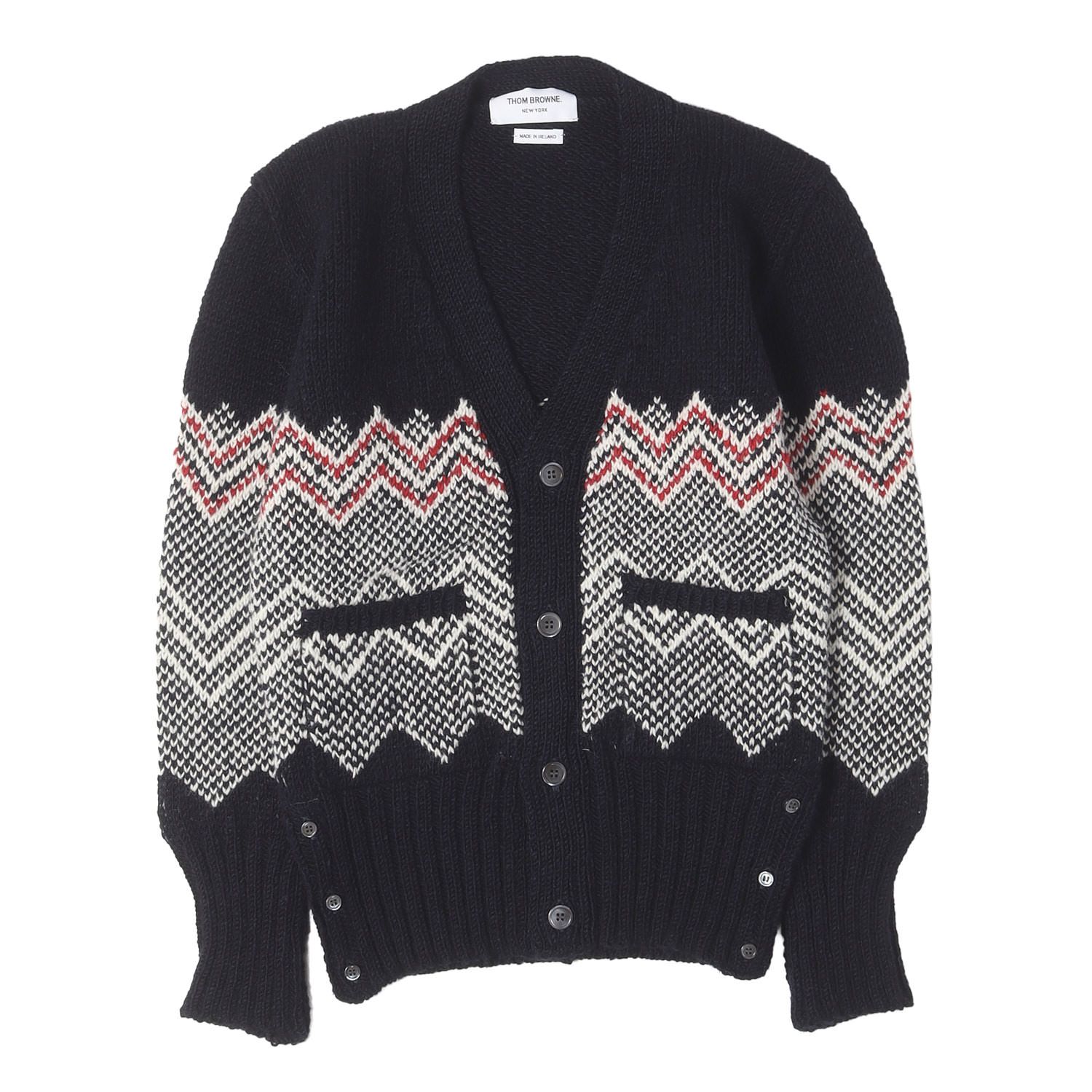 THOM BROWNE トムブラウン カーディガン ネイビー ホワイト レッド 1 ジオメトリック アーガイル ミドルゲージ モヘア ニット カーディガン MKC080A-00278415 トップス セーター【メンズ】【中古】