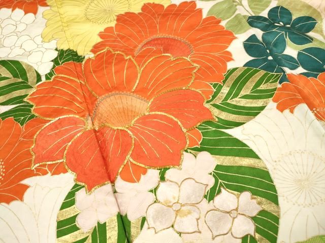 おまとめ専用オンワード 振袖 正絹 金彩 駒刺繍 オレンジ 花柄 平和屋着物□豪華振袖 駒刺繍 枝花文 金彩 正絹 逸品 DABK6289qa