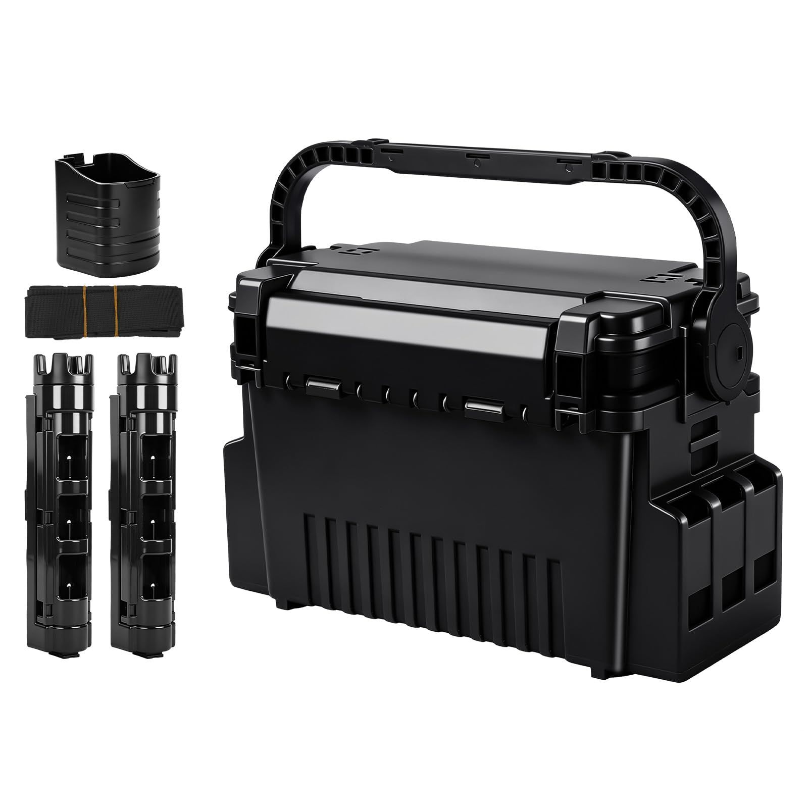 タックルボックス ロッドホルダー付き 高さ調整可能 大容量 43x23x28cm 多機能 座れるタックルボックス カップホルダー ? 複数の仕切り板付き 滑り止め底面 超軽量 耐久性 フィッシングボックス 釣り箱 釣りボックス ブラック (L 05990486
