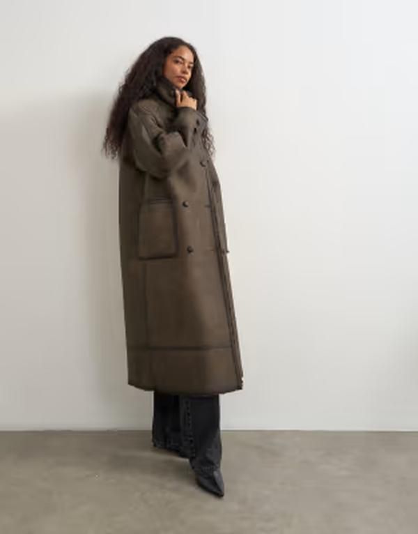 トップショップ レディース アウター コート スタンドネック レザー フェイクレザー Topshop longline faux leather funnel neck coat brown ブラウン