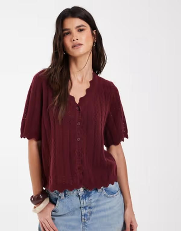 ピーシーズ レディース アウター カーディガン ニット PIECES frill trim short sleeve knit cardigan Winetasting バーガンディ
